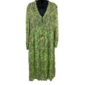 Zara Floral Green Long Sleeve Dress Bead Shell Tassel V-Neckline Shift Women New